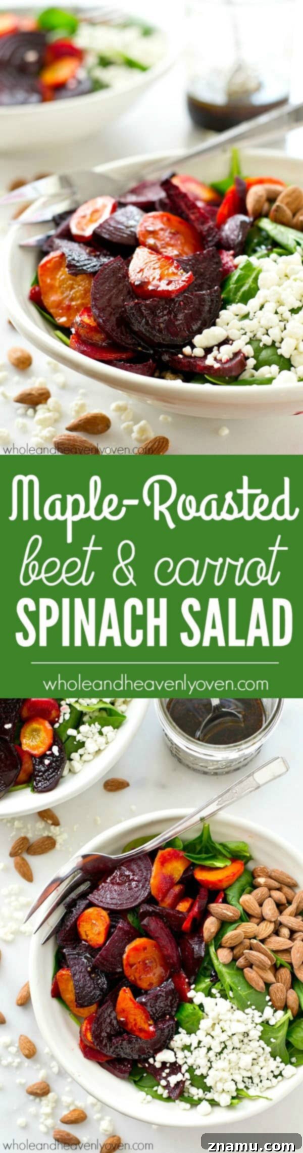 Vibrant Maple Roasted Root and Spinach Salad 8 Finished maple roasted beet and carrot spinach salad in a bowl