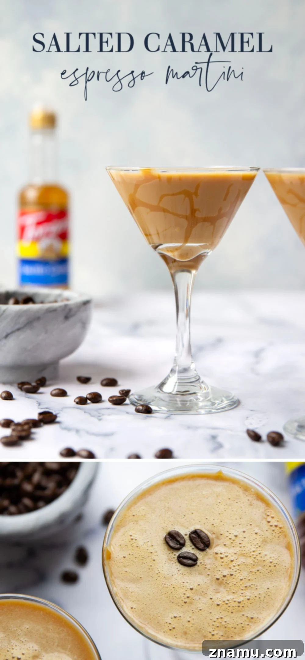 The Salted Caramel Espresso Martini 7 A vibrant, flat lay image showing two Salted Caramel Espresso Martinis, garnished beautifully with coffee beans and delicate caramel swirls.