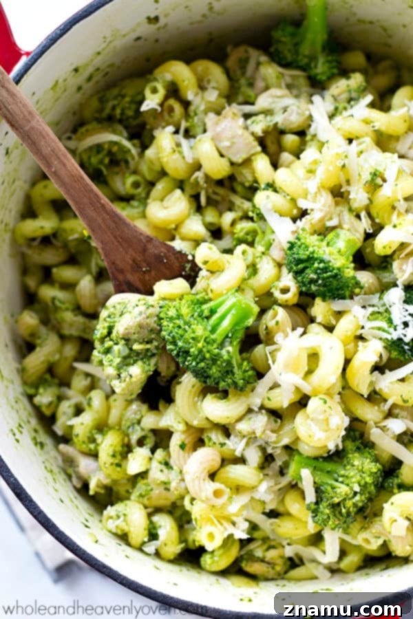 Delicious chicken basil pesto pasta in a skillet ready to serve