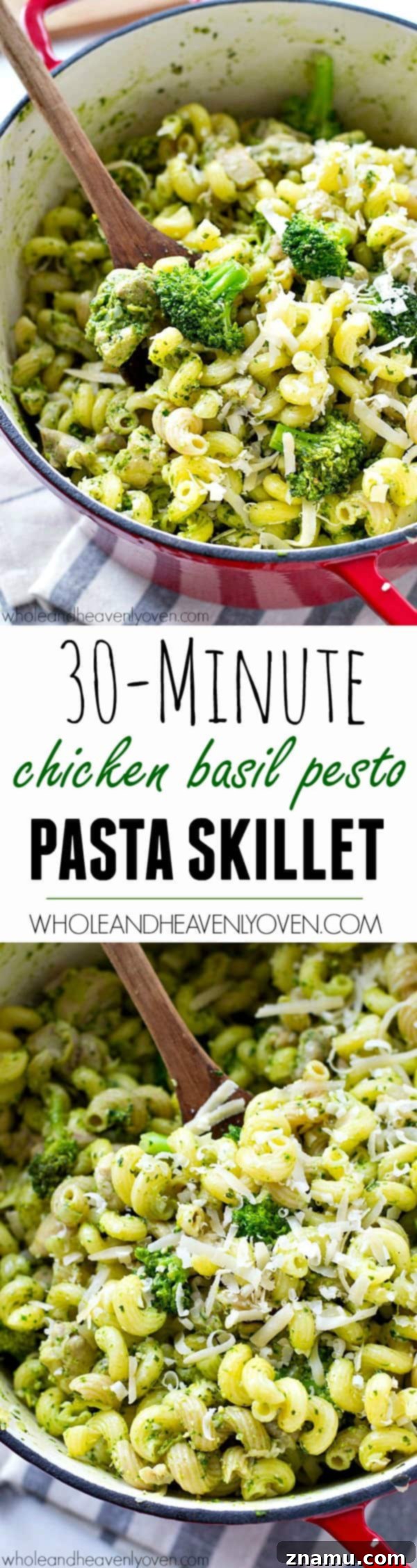 Final plated Chicken Basil Pesto Pasta Skillet, garnished