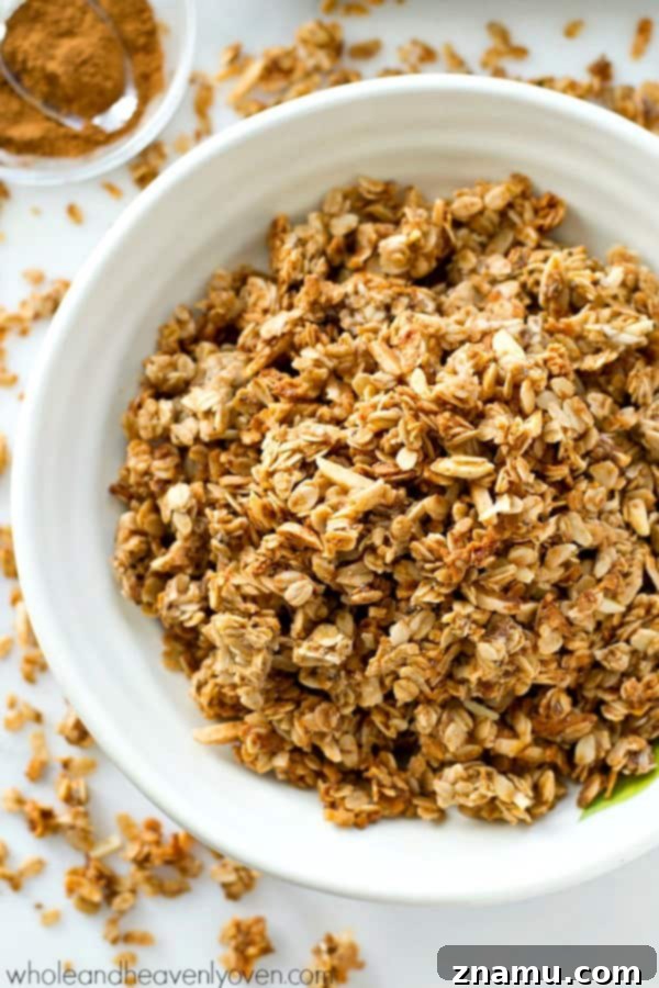 Delicious homemade almond butter chai spice granola in a bowl with milk and fresh berries, perfect for breakfast