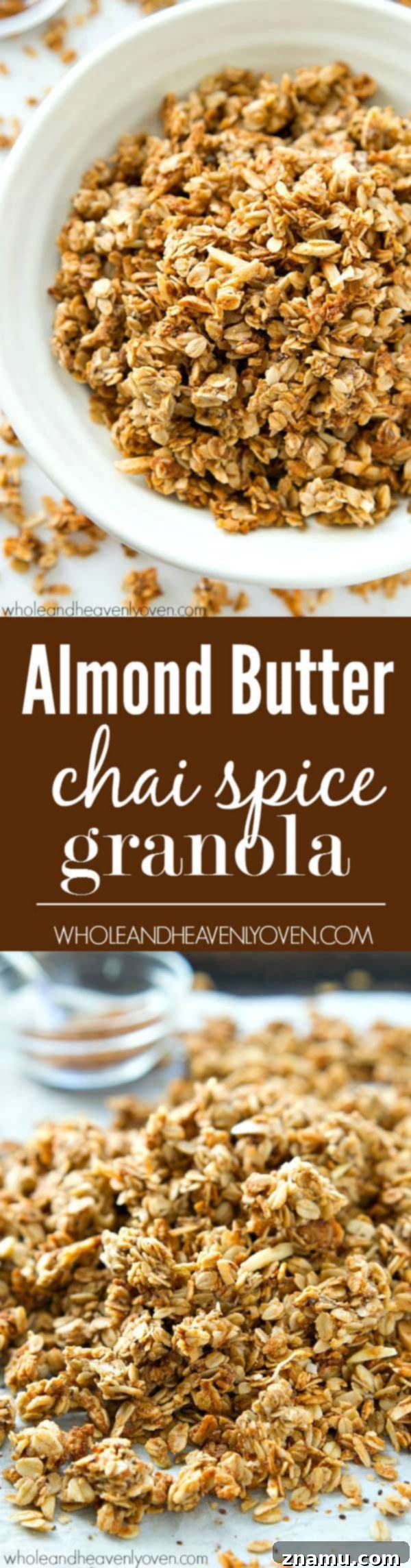 Large batch of almond butter chai spice granola spread out on a baking sheet, glistening with sweet and spicy goodness