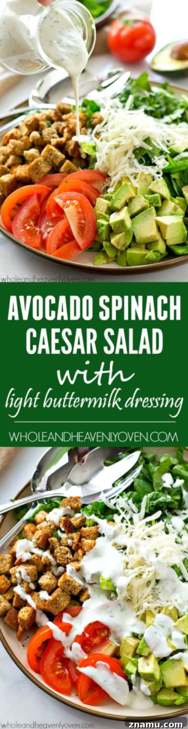 Bright Avocado Spinach Caesar with Tangy Buttermilk Dressing 8 Close-up of the light buttermilk dressing being drizzled over the Avocado Spinach Caesar Salad