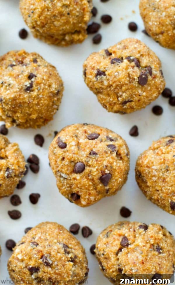 Close-up of freshly rolled banana bread energy bites with chocolate chips