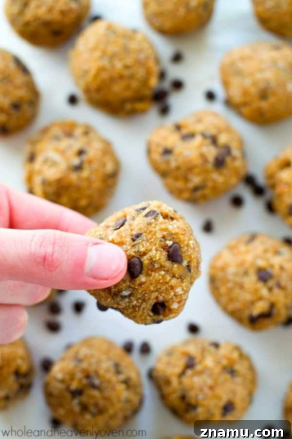 Close-up of a stack of banana bread chocolate chip energy bites