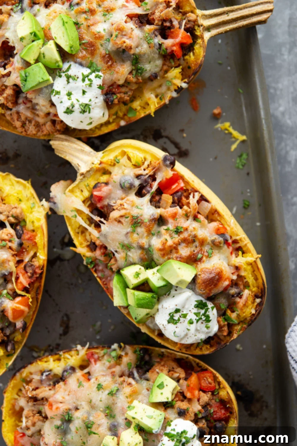 Close-up of Cheesy Turkey Chili Spaghetti Squash