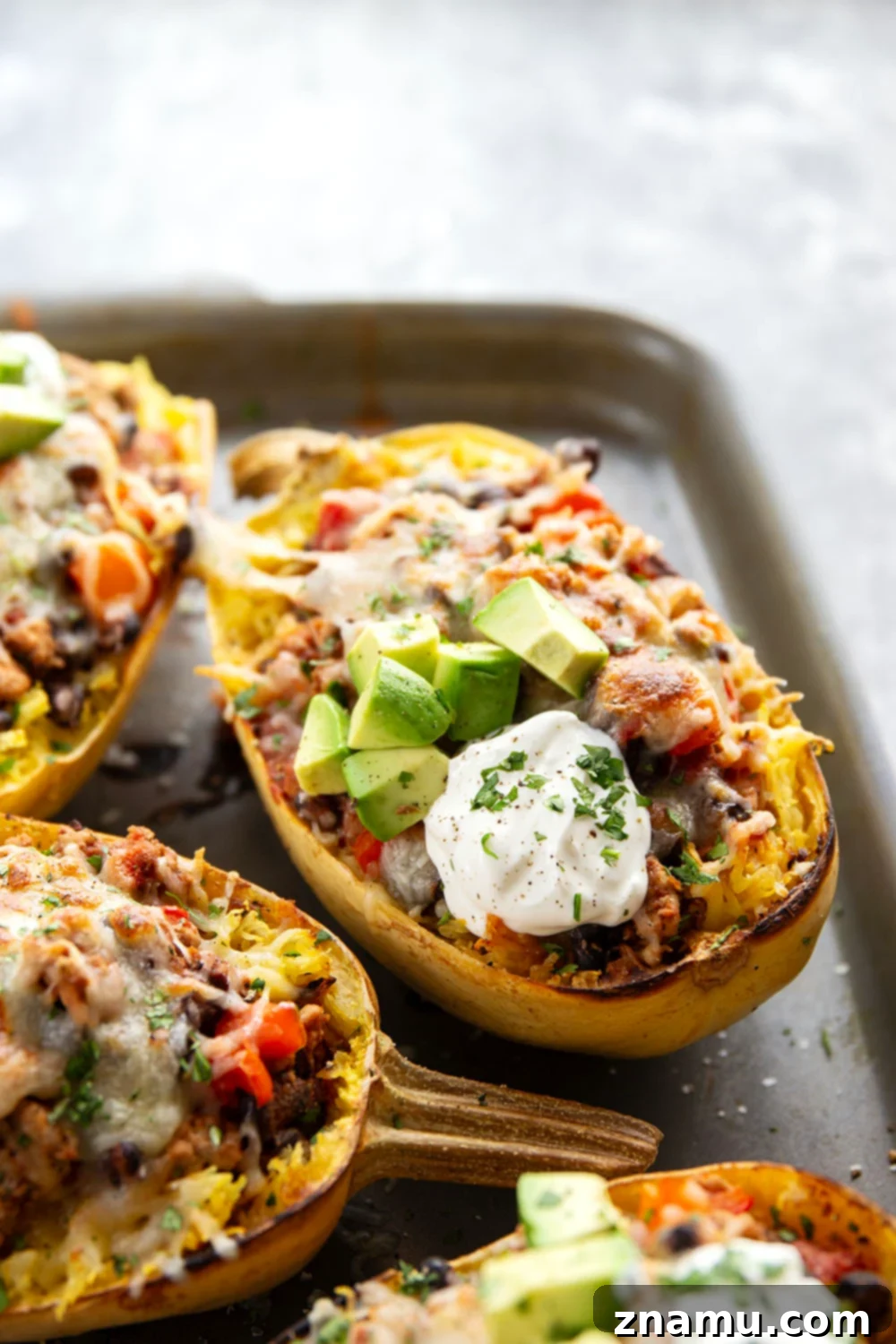 Fully Loaded Chili Spaghetti Squash Boat with Toppings