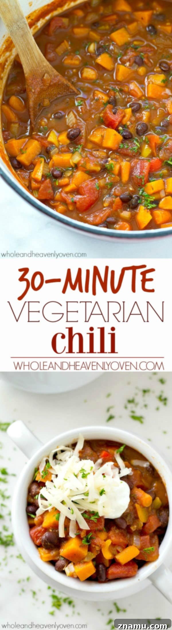 Quick Plant Based Chili 9 You won't even miss the meat at all in this super-flavorful veggie-packed vegetarian chili that comes together in only 30 minutes! Perfect for a healthier game-day dinner!