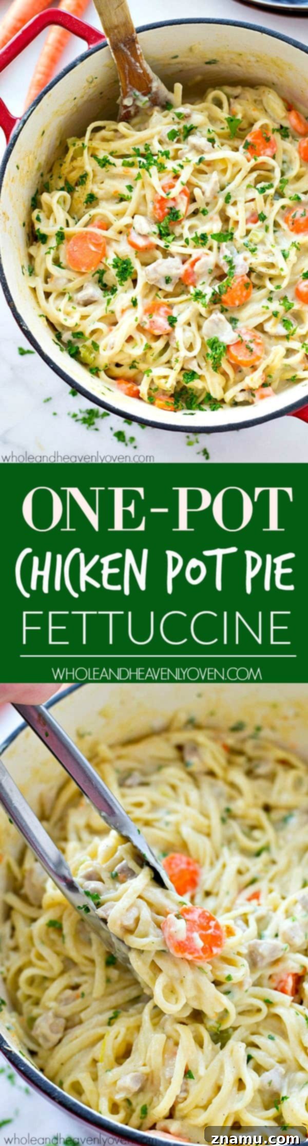 Creamy One-Pot Chicken Pot Pie Fettuccine 8 Full pot of One-Pot Chicken Pot Pie Fettuccine, ready to be served.