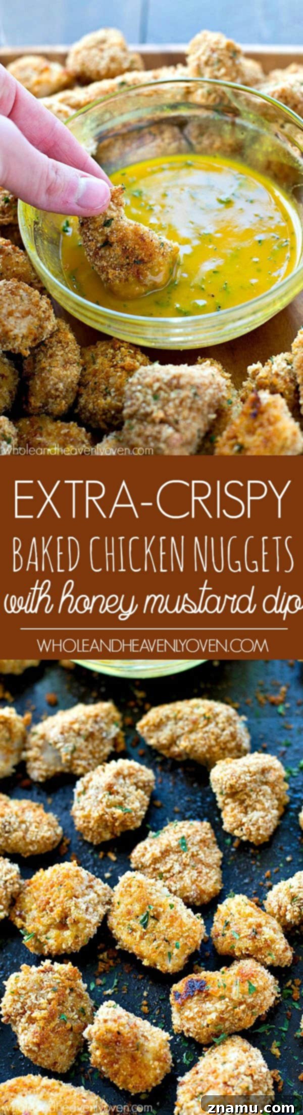 Golden Crunch Baked Chicken Bites with Zesty Honey Mustard 8 A vertical image displaying the final plate of extra-crispy oven-baked chicken nuggets with a side of honey mustard dip.