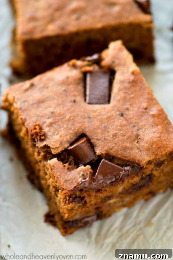 Double Chocolate Banana Wholesome Indulgence 3 Close-up of a slice of moist banana snack cake with visible chocolate chips and a rich, tender texture