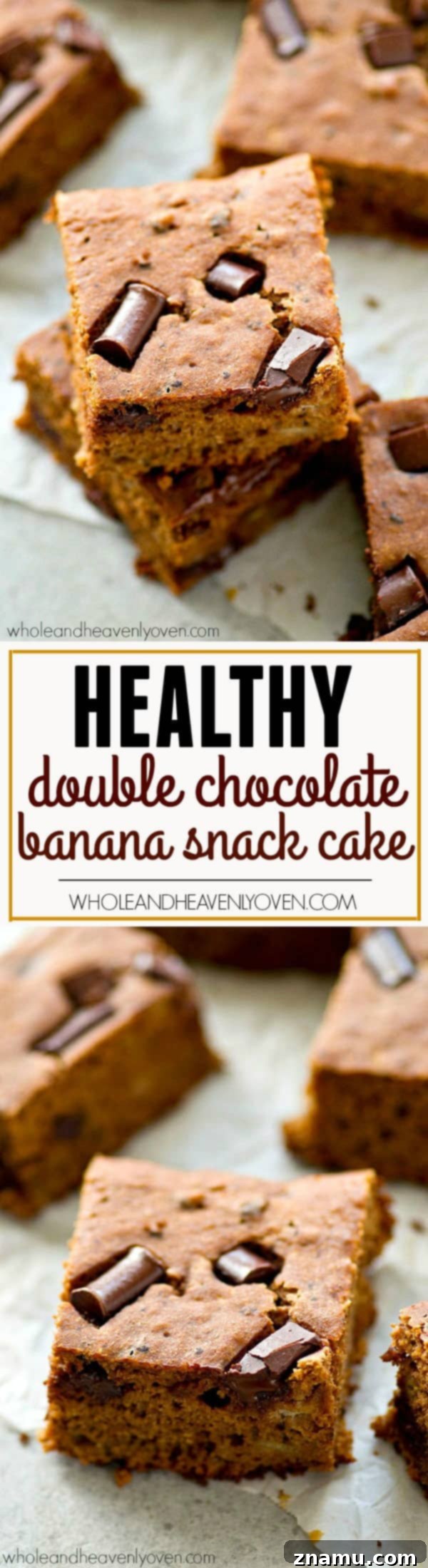 Double Chocolate Banana Wholesome Indulgence 7 A large sheet of freshly baked Healthy Double Chocolate Banana Snack Cake, with squares perfectly cut and ready for serving