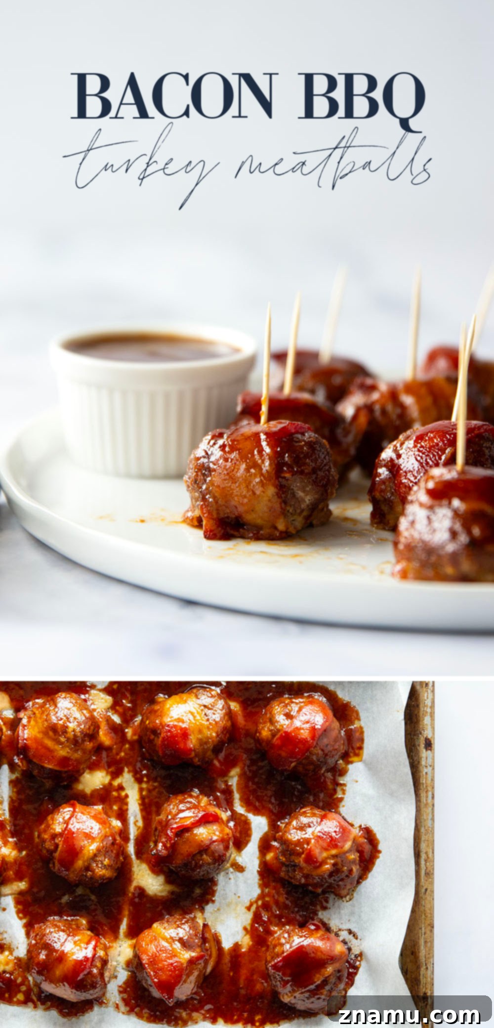 Sweet & Smoky Bacon BBQ Turkey Meatballs 7 Juicy BBQ turkey meatballs are wrapped in bacon and baked in a sweet and tangy brown sugar barbecue sauce for the best 2-bite appetizer!