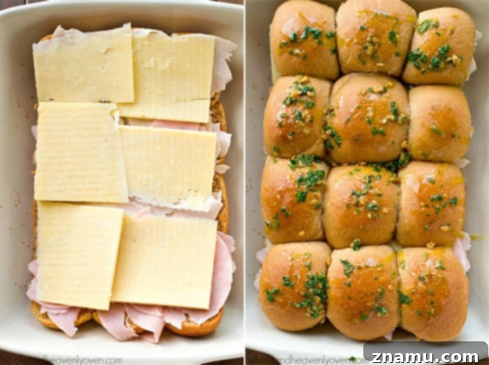Ultimate Garlic Butter Monte Cristo Pull-Apart Sliders 6 Assembling Monte Cristo Sliders with layers of cheese and turkey on dinner rolls.