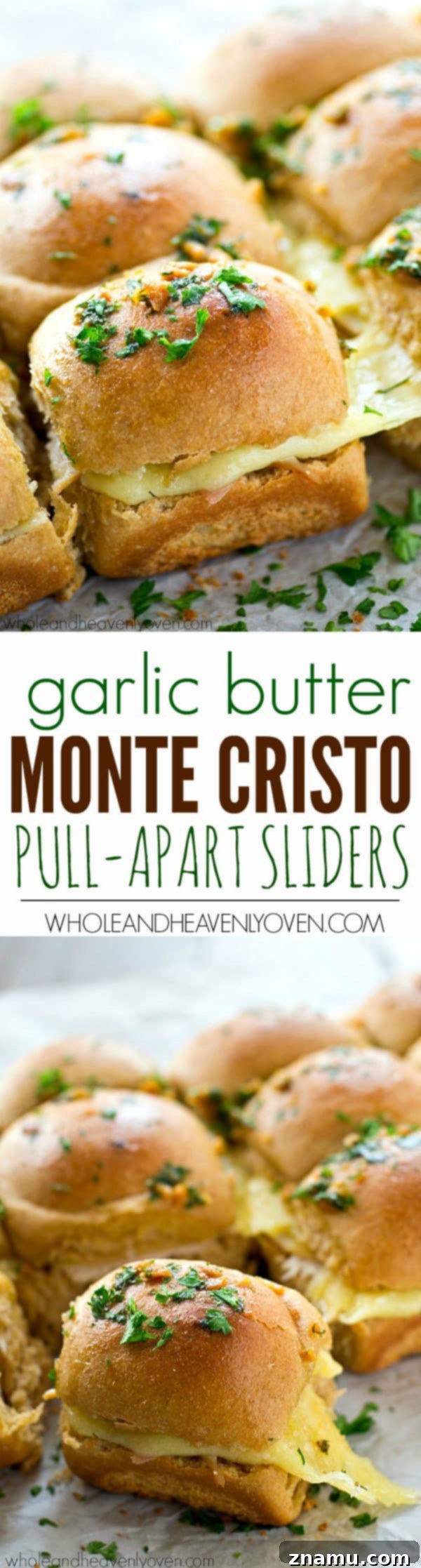 Ultimate Garlic Butter Monte Cristo Pull-Apart Sliders 8 Hand reaching for a Monte Cristo Slider from a pan, showing the soft, golden rolls.