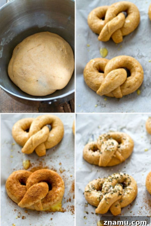 Unlock the World of Perfect Soft Pretzels 7 Two rows of freshly baked soft pretzels, one topped with cinnamon sugar and the other with garlic herb seasoning.