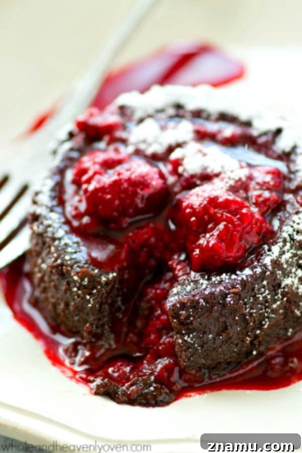 Molten Chocolate Raspberry Dream 2 Rich, molten chocolate lava cake topped with fresh raspberries and powdered sugar, drizzled with sweet raspberry sauce.
