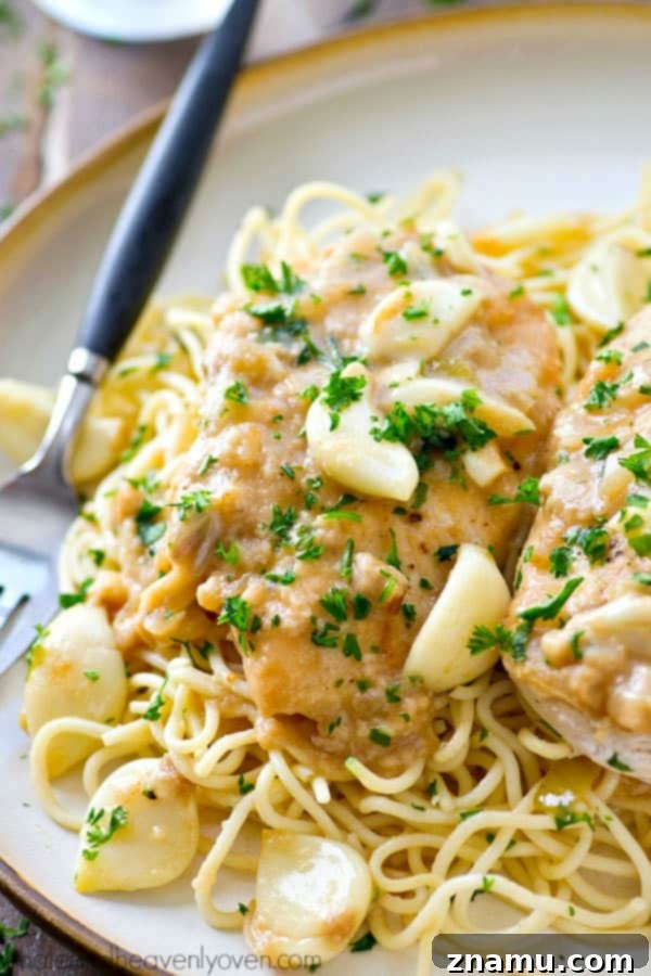 A serving of crockpot garlic chicken with creamy sauce over a bed of noodles, ready to eat.