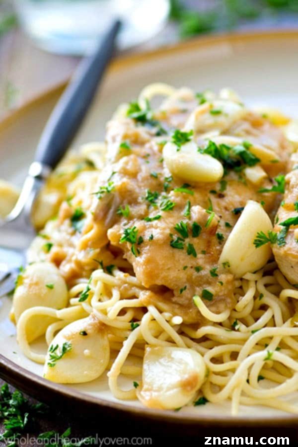 Close-up of a rustic dish filled with slow cooker chicken in garlic sauce, highlighting its rich texture and color.
