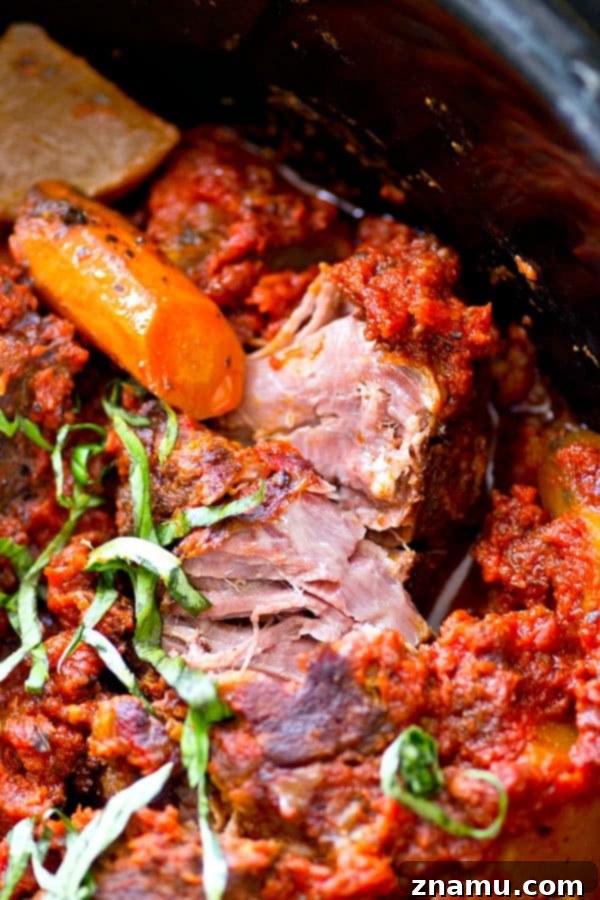 Ingredients for Italian pot roast laid out, including beef chuck roast, various root vegetables, and pasta sauce.