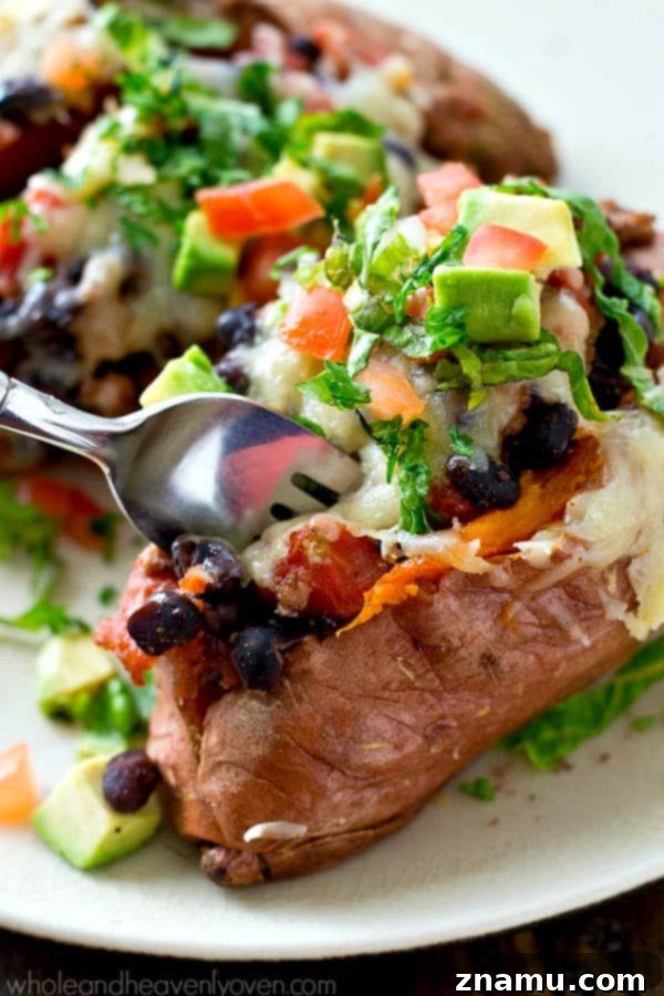 Fiesta Loaded Sweet Potato Shells 6 Several crockpot taco sweet potatoes garnished with fresh cilantro and avocado