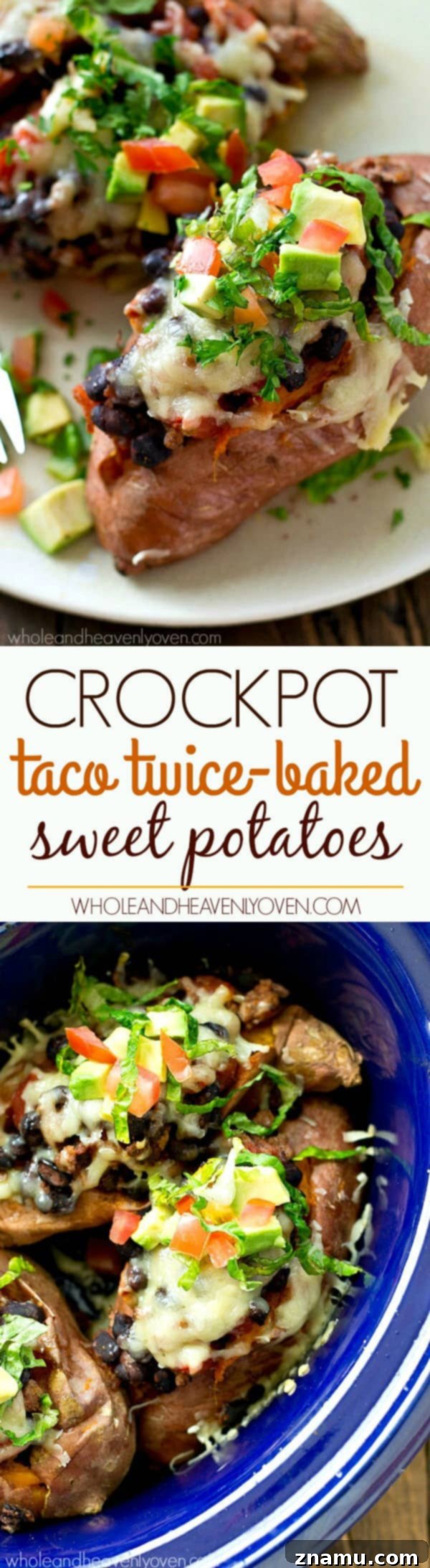 Fiesta Loaded Sweet Potato Shells 8 An appetizing close-up of a fully loaded Crockpot Taco Twice-Baked Sweet Potato