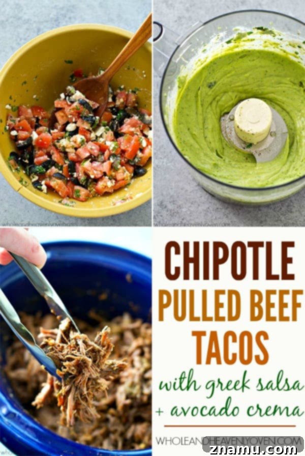 Chipotle Pulled Beef Tacos with Greek Salsa Avocado Crema 5 Juicy Crockpot Pulled Beef Tacos with a fresh and tangy Greek Salsa