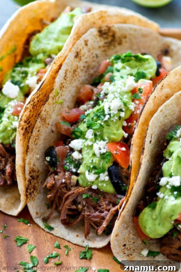 Chipotle Pulled Beef Tacos with Greek Salsa Avocado Crema 7 Family-favorite Chipotle Pulled Beef Tacos for an easy weeknight meal