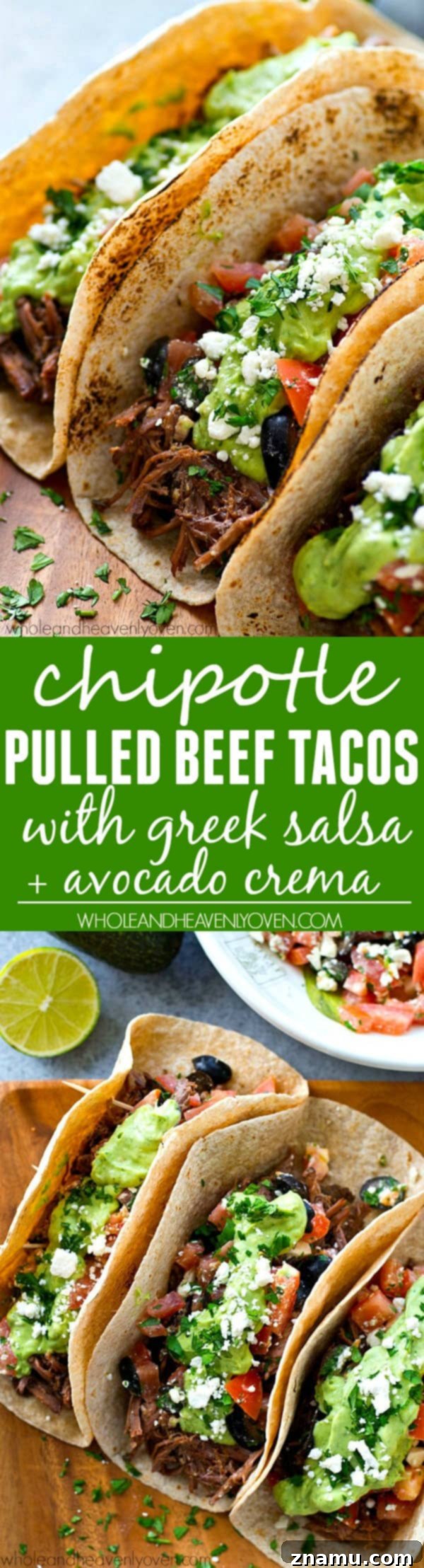 Chipotle Pulled Beef Tacos with Greek Salsa Avocado Crema 8 Chipotle Pulled Beef Tacos ready to serve with refreshing Greek Salsa and Avocado Crema