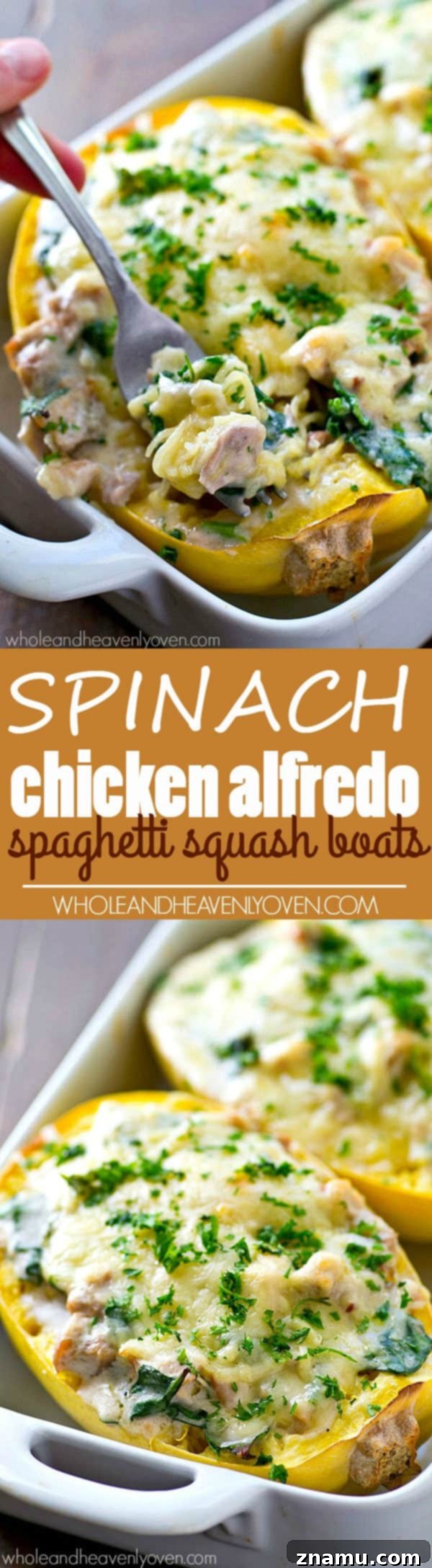 Creamy Spinach Chicken Alfredo Spaghetti Squash Boats 7 Final presentation of a pair of Cheesy Spinach Chicken Alfredo Spaghetti Squash Boats on a wooden board