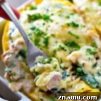 Creamy Spinach Chicken Alfredo Spaghetti Squash Boats 8 Spinach Chicken Alfredo Spaghetti Squash Boats recipe image