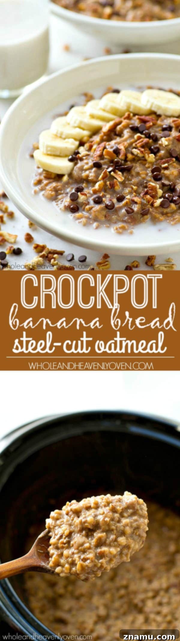 Crockpot Banana Bread Steel-Cut Oats 6 Creamy homemade steel-cut oatmeal that cooks low 'n' slow for hours in the crockpot and loaded with banana bread flavors! The best way to start the day.