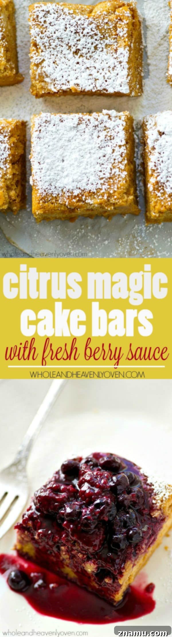 Zesty Lemon & Berry Dream Bars 7 Lusciously silky and moist inside and loaded with tons of citrus flavors, these magic cake bars are going to completely blow you away.---Don't forget the warm berry sauce on top!