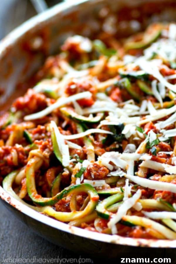 30-Minute Turkey Zoodle Bolognese 4 Close-up of fresh zucchini noodles, ready for cooking
