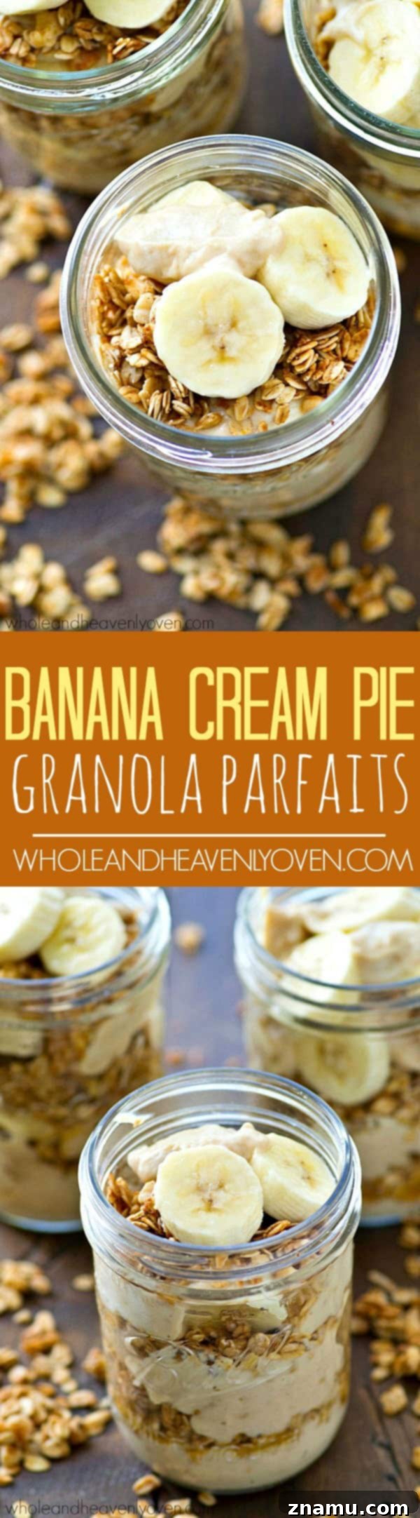 Banana Cream Pie Parfaits with Granola Crunch 6 An overhead view of a banana cream pie granola parfait, beautifully presented in a glass.