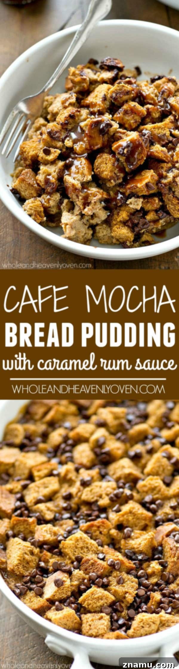 Warm Mocha Bread Pudding with Caramel Rum Drizzle 8 Full spread of the Cafe Mocha Bread Pudding on a white plate, with a small pitcher of caramel rum sauce and a spoon, ready to serve.