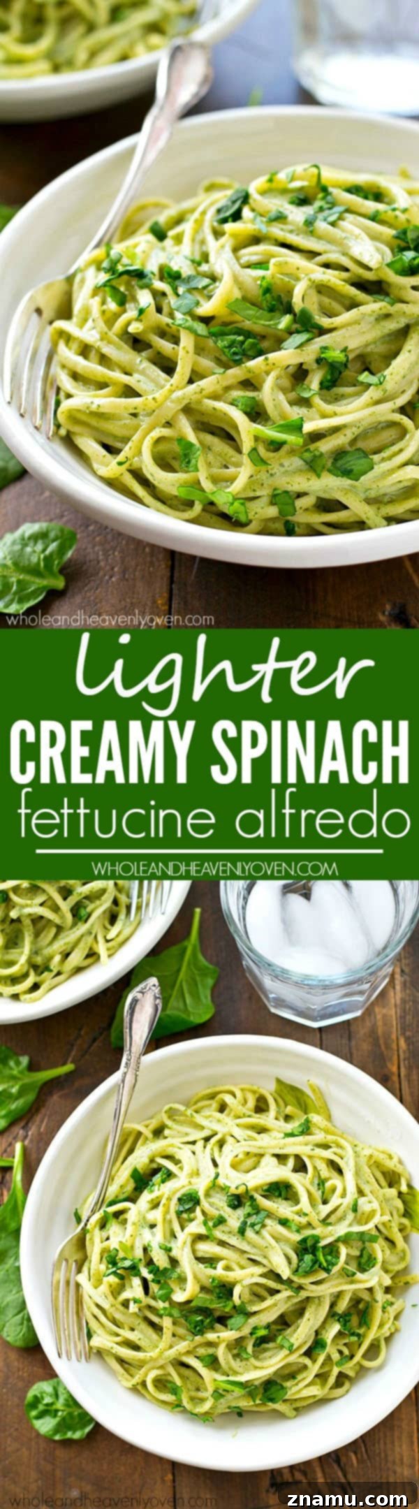 Guilt-Free Creamy Spinach Fettuccine Alfredo 8 A stack of plates with a bowl of Lighter Creamy Spinach Fettuccine Alfredo, ready to be served, showcasing the appetizing presentation.