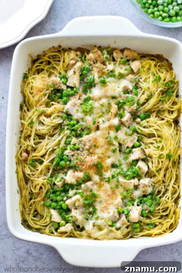 Another perspective of the creamy basil pesto chicken tetrazzini in a large baking dish, ready to be served