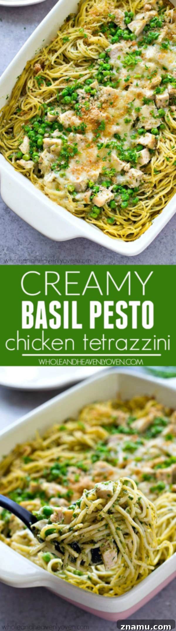 Hearty serving of chicken pesto tetrazzini with a fork, emphasizing its creamy texture and rich ingredients