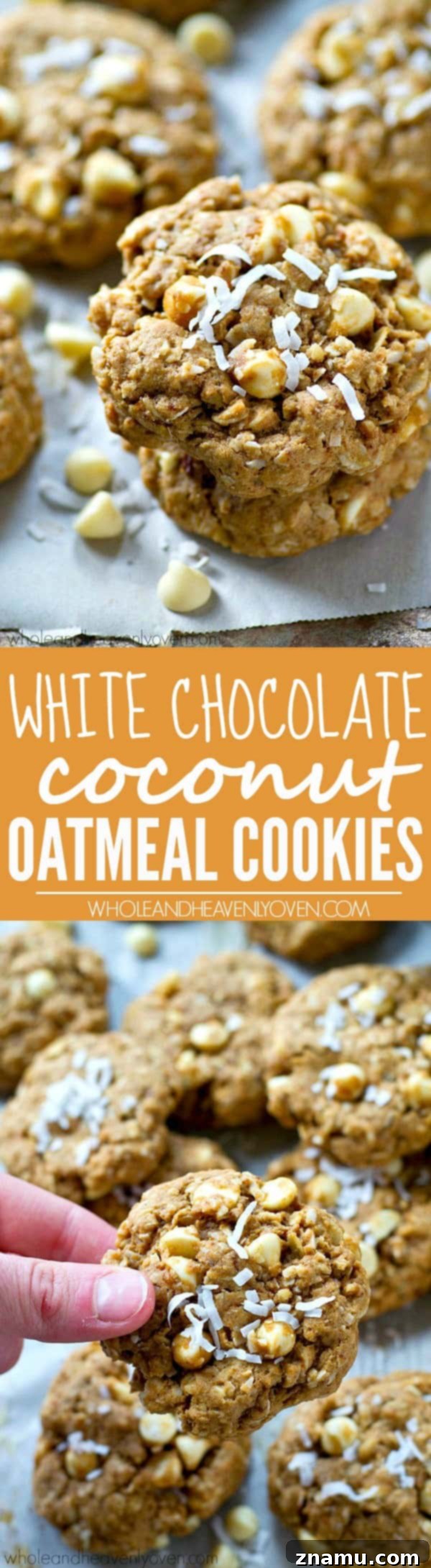 Chewy White Chocolate Coconut Oat Bliss 7 A vibrant collage of white chocolate coconut oatmeal cookies from various angles, highlighting their appealing textures and ingredients.
