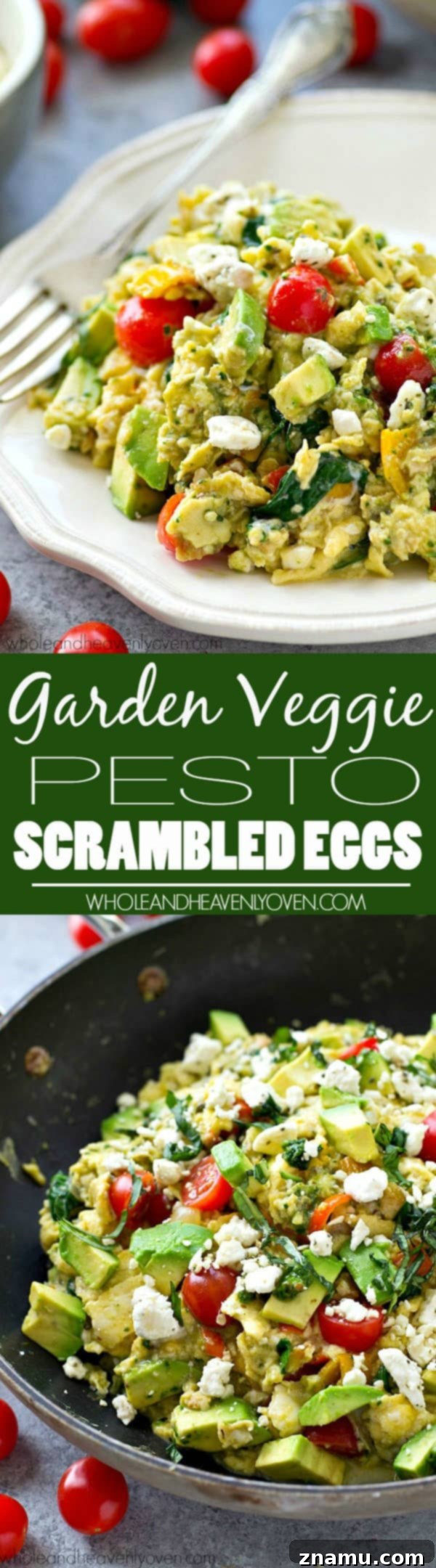 Pesto Garden Scramble 8 Close-up of fluffy and vibrant Garden Veggie Pesto Scrambled Eggs in a serving dish