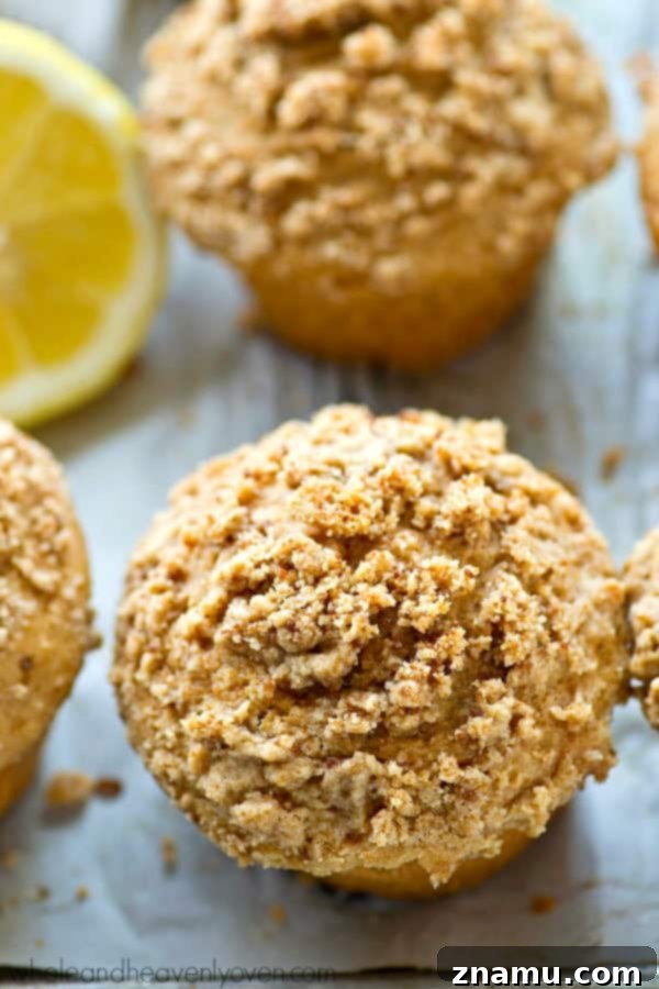 Light Lemon Streusel Greek Yogurt Muffins 5 A close-up of the golden-brown streusel topping on a baked lemon muffin, showing its crumbly texture.