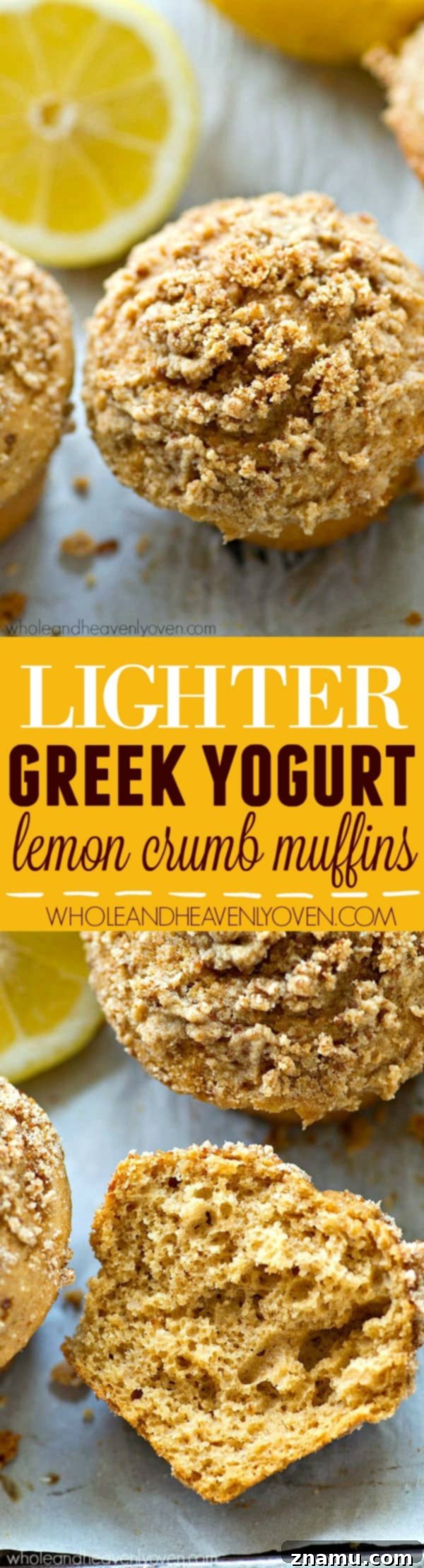 Light Lemon Streusel Greek Yogurt Muffins 8 A top-down view of several freshly baked lemon crumb muffins with a generous streusel topping, arranged artfully.