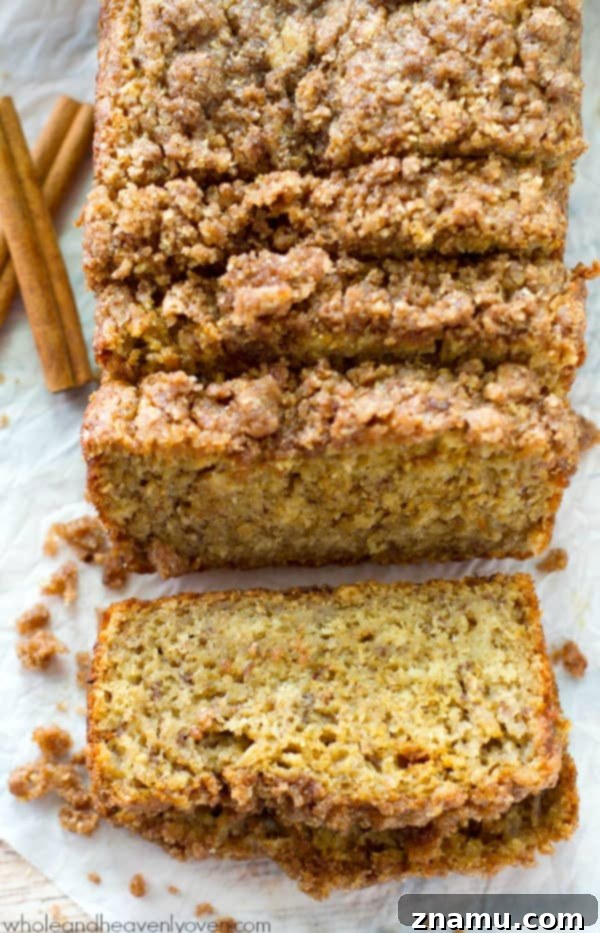 Enjoy all the flavors and textures you love about coffee cake and banana bread all in one irresistible cinnamon streusel-covered loaf!