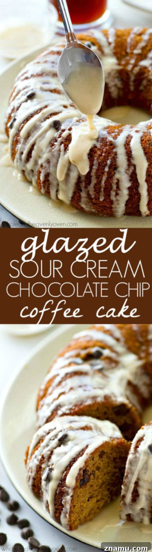 The absolute BEST classic sour cream coffee cake you'll ever have! Studded with gooey chocolate inside and covered with plenty of glaze.