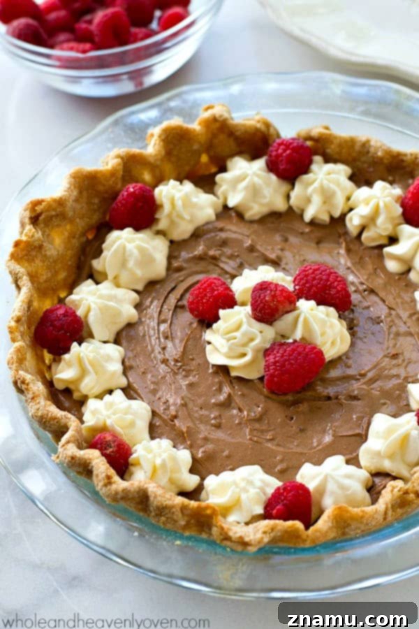 Light French Silk Chocolate Pie 3 Close-up of a slice of Lighter French Silk Chocolate Pie, showcasing its smooth texture.
