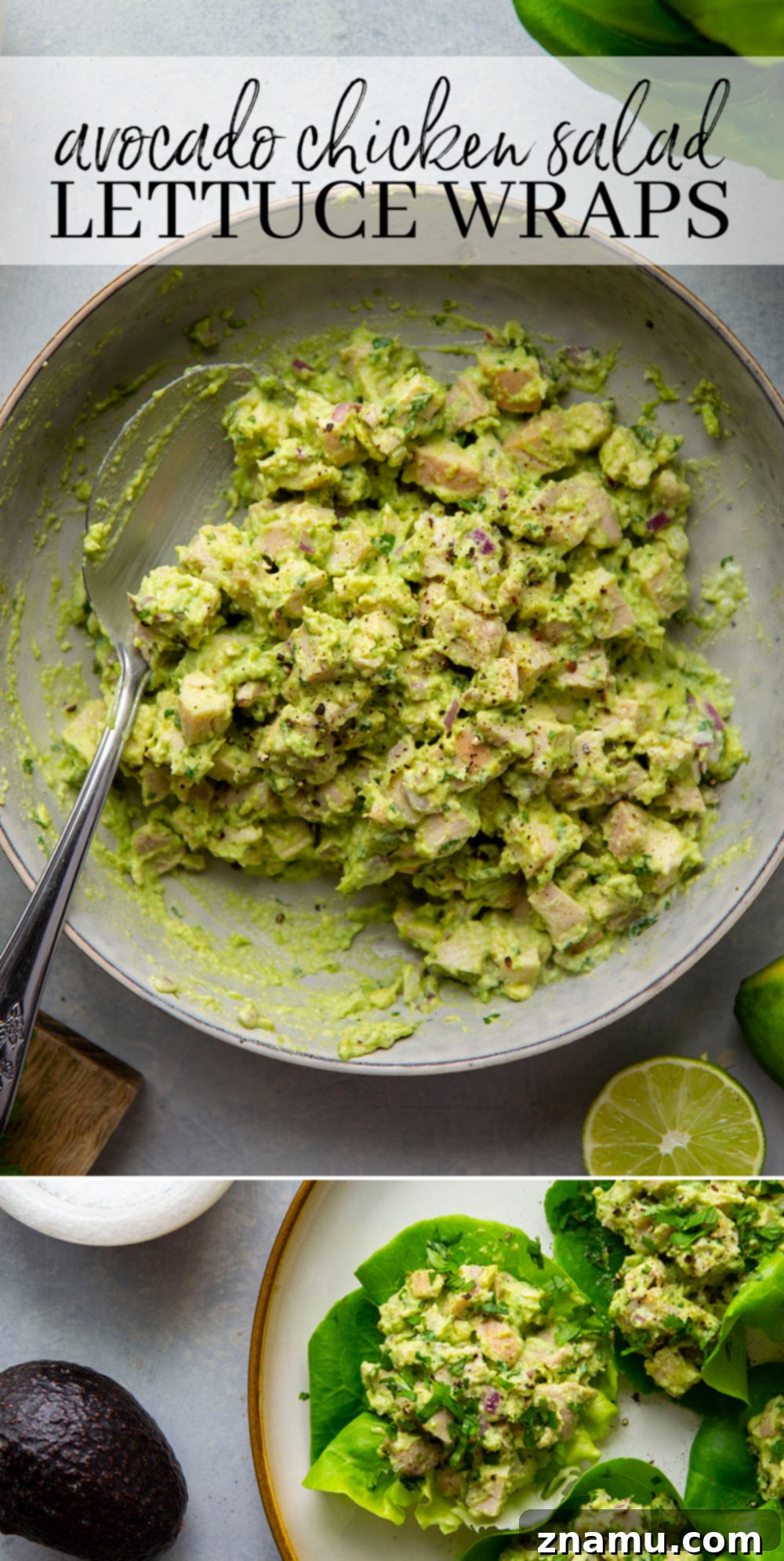 Avocado Chicken Lettuce Wraps 7 A vibrant display of fresh avocado chicken salad with crunchy lettuce cups and fresh ingredients on a wooden board.