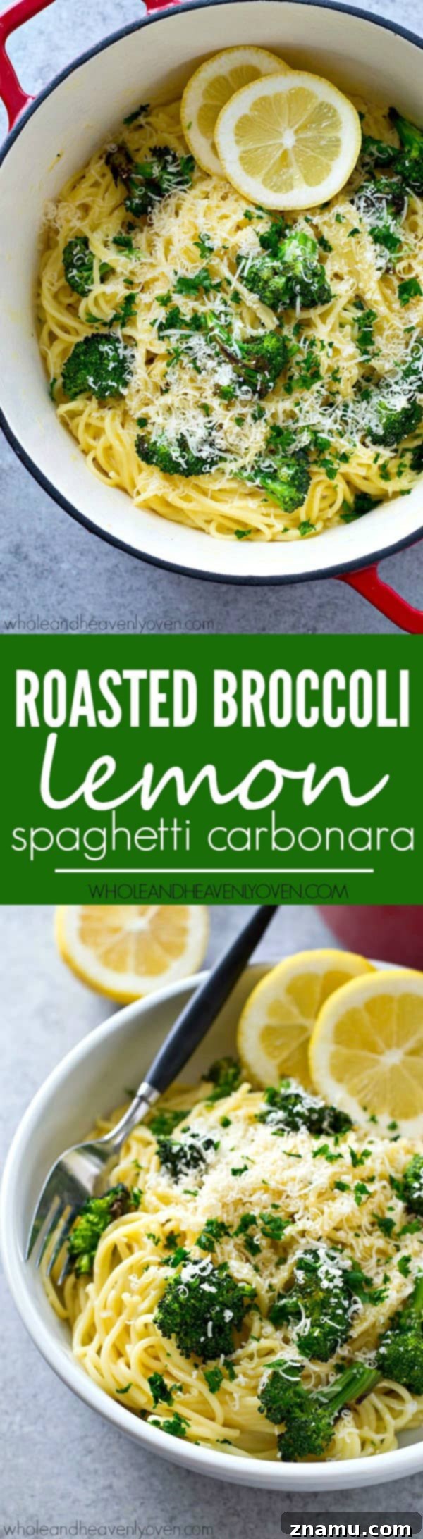 Zesty Roasted Broccoli Carbonara 8 Spaghetti carbonara with a healthy spring twist! These easy noodles are extra-creamy and loaded with roasted broccoli and lots of lemon goodness.