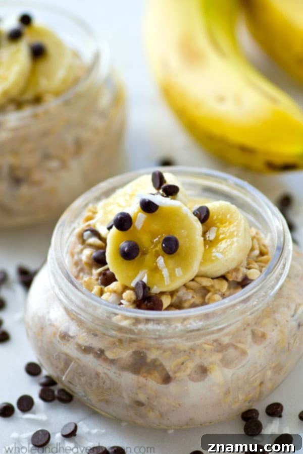 Chai Spiced Banana Overnight Oats 5 Another perspective of a jar of Banana Chai Spice Overnight Oats, showing creamy texture and toppings.