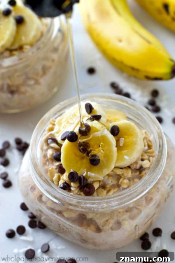 Chai Spiced Banana Overnight Oats 7 A different angle of the Banana Chai Spice Overnight Oats, highlighting the fresh banana slices and chocolate chips on top.